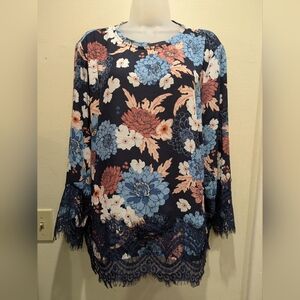 Chico's Navy and Coral Floral Blouse with Lace Trim Size 3